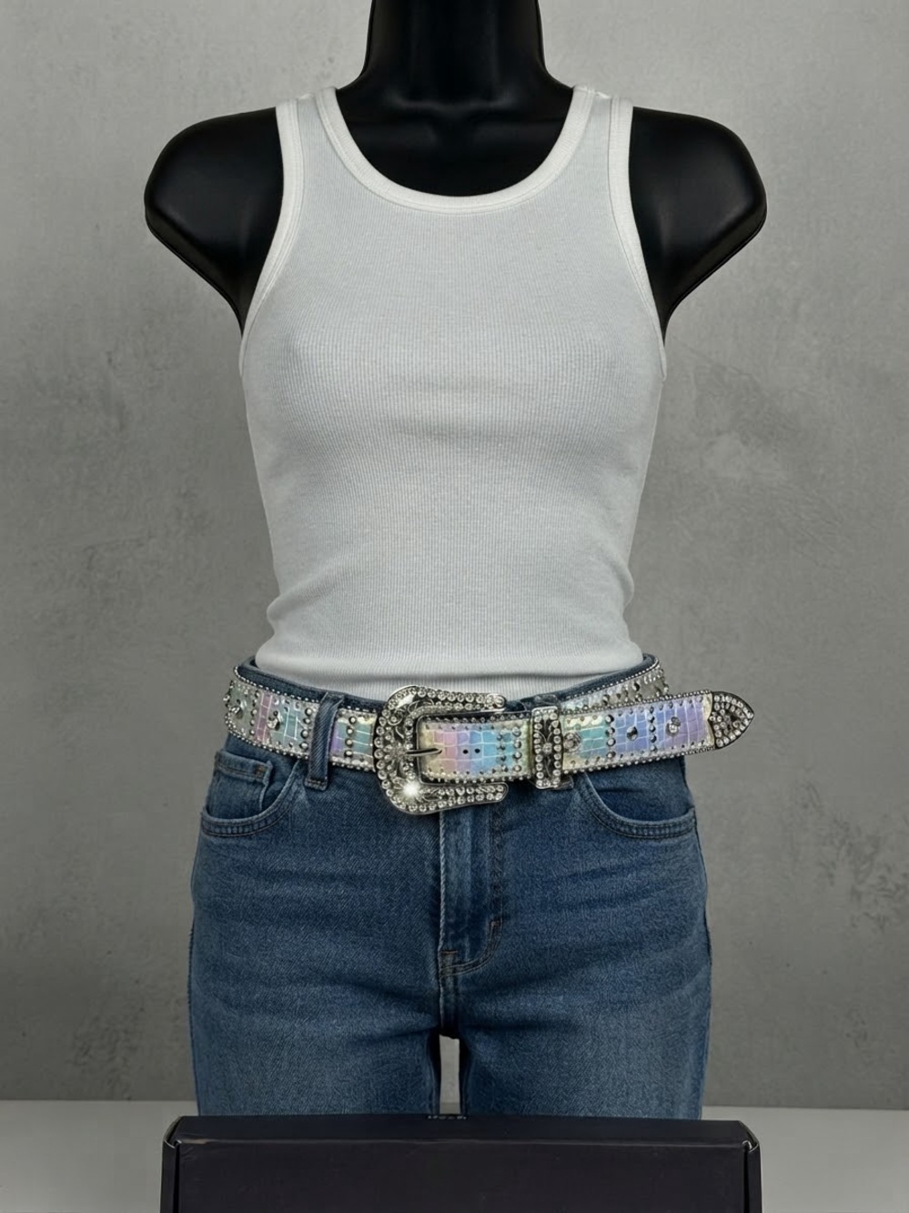 Crystal Buckle Holographic Western Belt - White/Iridescent